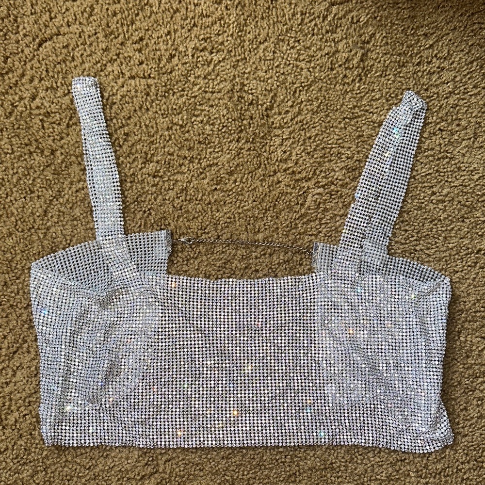 Silver Bridal Bachelorette Girls Night Mesh Bedazzled Crop / Bra Top
